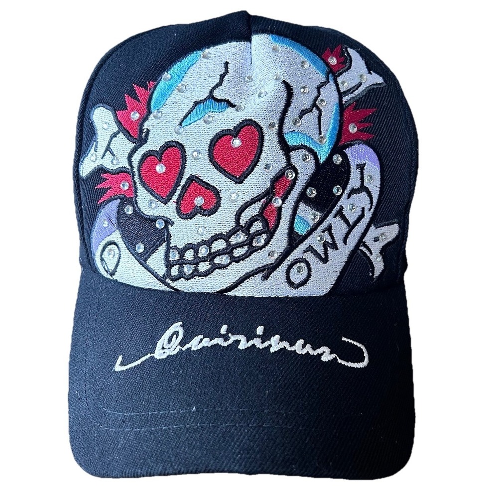 Vintage Quirinus Bedazzled Black White Red Skull Hearts Adjustable Cap Y2K